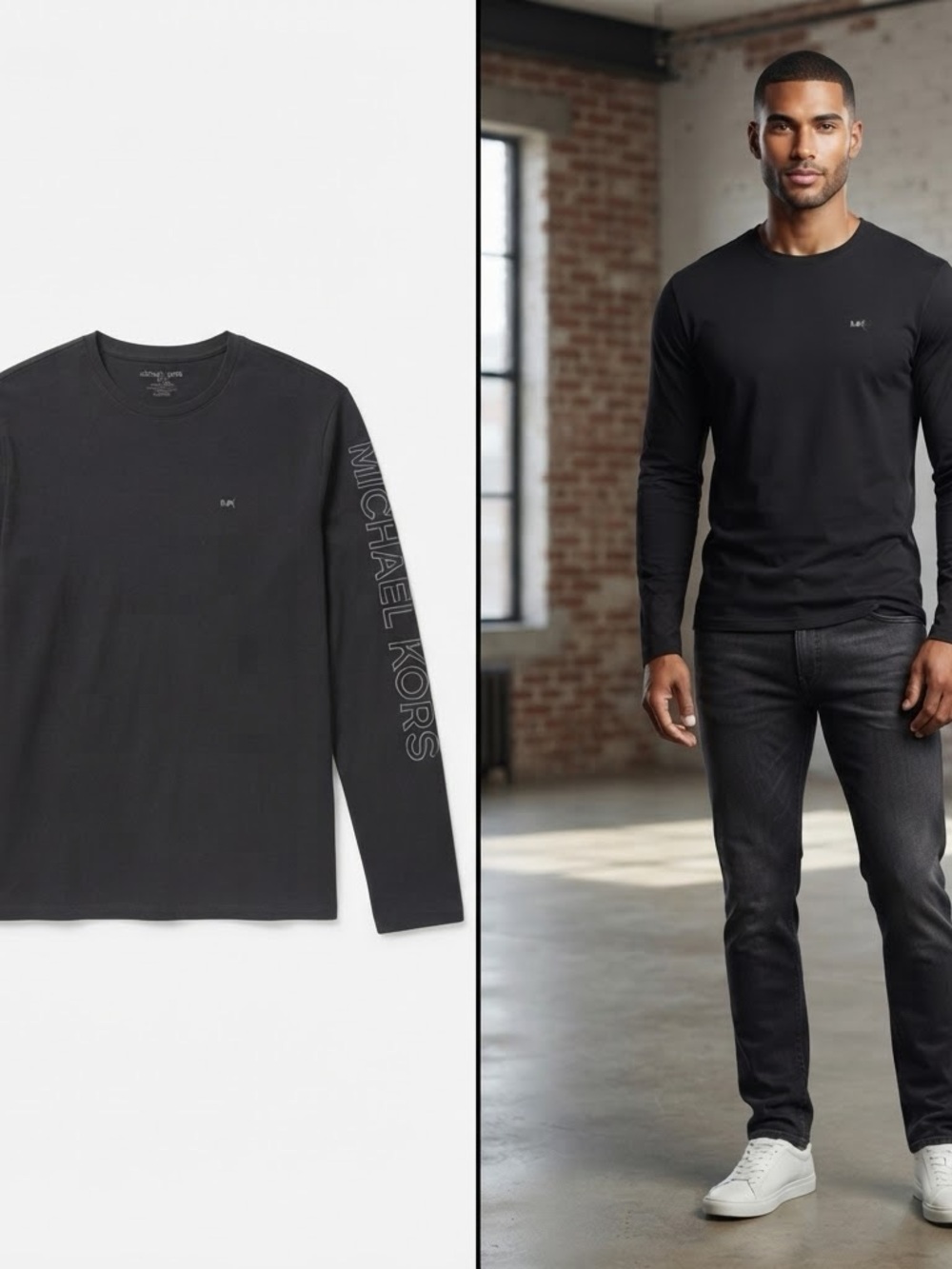 Michael Kors Black Long-Sleeve Crewneck Shirt with Sleeve Logo XL